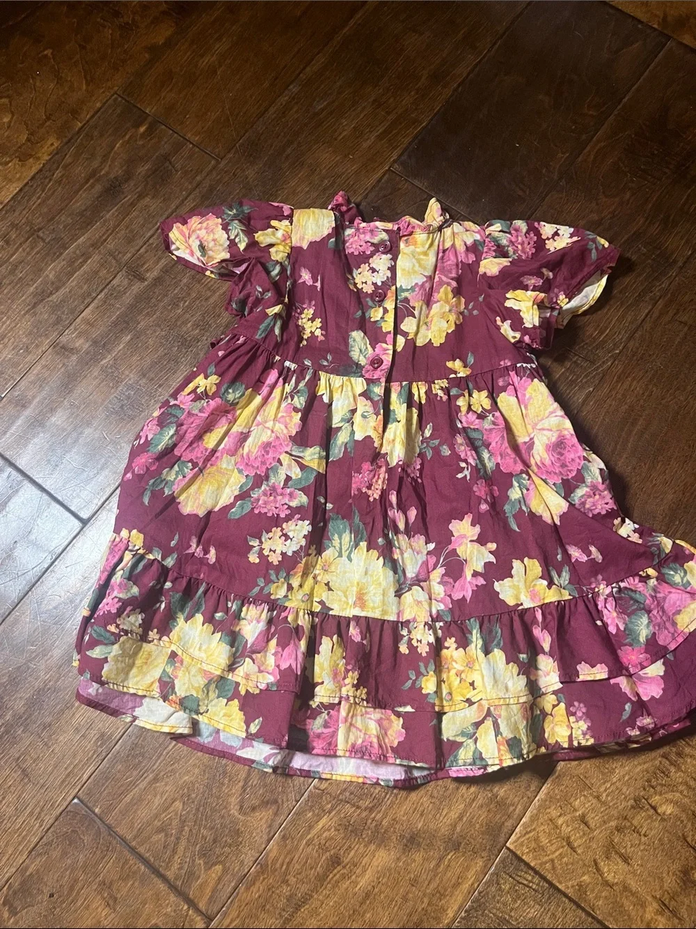 Janie and Jack Maroon and Yellow Floral Smocked Tiered Dress, size 12-18 months